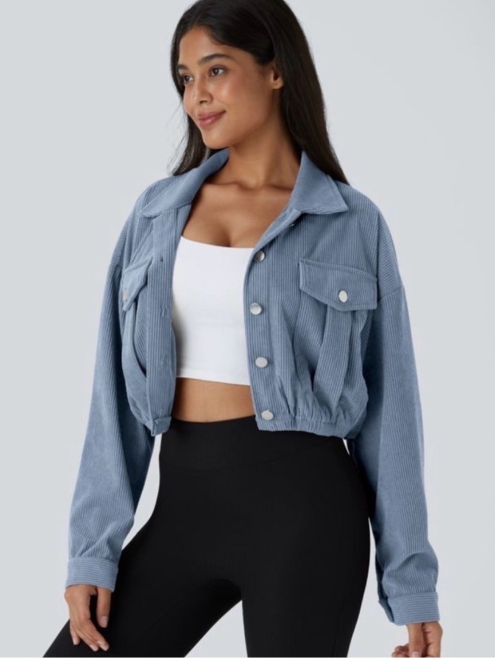 NWT Halara Pocket Cropped Corduroy Jacket Blue Gray XS